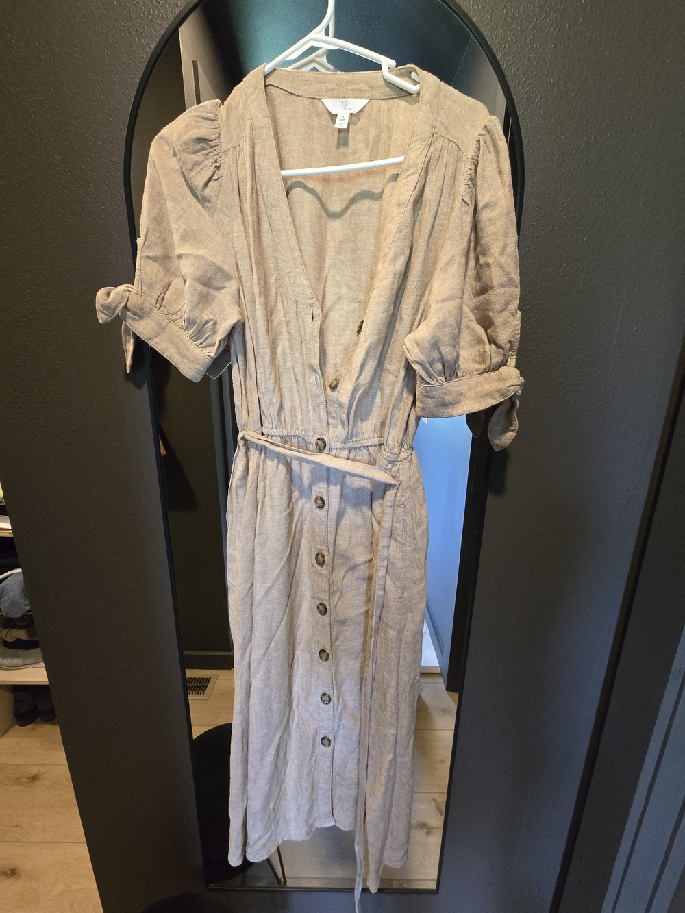 Time and Tru Beige Button-Front Maxi Dress with Tie Waist